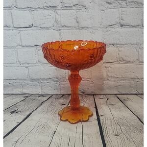 Vintage Amberina Orange Glass Fenton Cabbage Roses Compote Pedestal Candy Dish